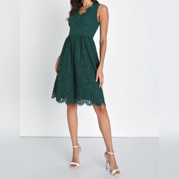 Lulus Women's Love Swept Emerald Green Lace Midi Skater Dress With Pockets, XS - Picture 4 of 10